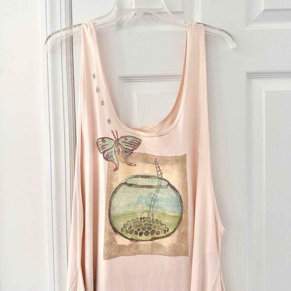Blue Fish Beige Hand Painted Cotton Long Tank Swing Lagenlook Dress OS Butterfly - Picture 3 of 9